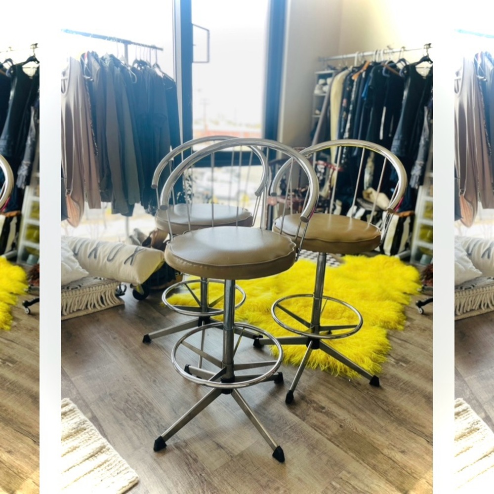 COSCO | Set of 3 | Vintage Modern Chrome Tan Faux Leather Vinyl Counter Stools